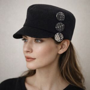 San Diego Hat Co Black Cadet Military Cap Womens O/S Button Detail Newsboy